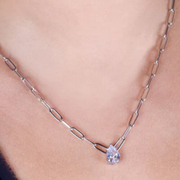 Cubic Zirconia Pear Cut Solitare Silver Necklace paper clip chain - Picture 2 of 8